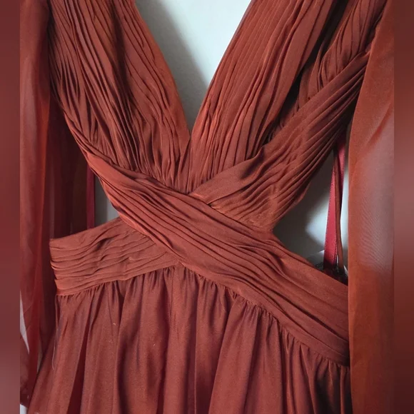 Mac Duggal 67948 Copper Criss Cross Waist Bishop Sleeve Dress Sz. 2 - Picture 6 of 12